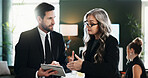 Tablet, business people and team planning in office, investment advice or project feedback. Tech, manager and review in meeting for financial report, budget collaboration and help in discussion