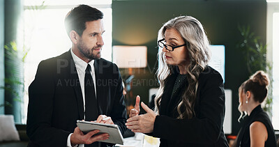 Buy stock photo Tablet, business people and team planning in office, investment advice or project feedback. Tech, manager and review in meeting for financial report, budget collaboration and help in discussion