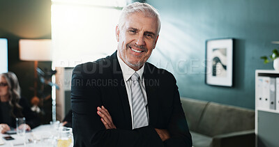 Buy stock photo Portrait, business and man with arms crossed in meeting for career pride, about us and financial agent. Smile, mature person or ambition for corporate finance, risk assessment and investment advisory