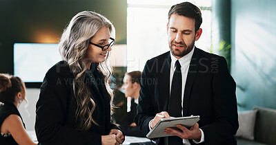 Buy stock photo Tablet, business people and team problem solving in office, investment advice or project feedback. Tech, happy manager and review in meeting for financial report, budget collaboration and discussion