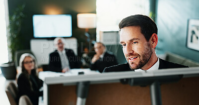 Buy stock photo Businessman, meeting and presentation with team on whiteboard in office for business pitch or idea. Man, speaker or showing plan with group of investors for corporate development or company project