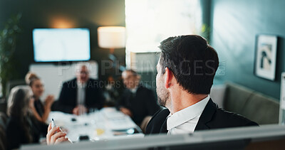 Buy stock photo Businessman, meeting and presentation with group on whiteboard in office for business pitch or idea. Man, speaker or discussion with team of investors for corporate development or company project