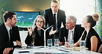 Business, people and meeting with windmill in office for planning, discussion and renewable energy. Team, talking and pitch with wind turbine prototype, eco-friendly design and electricity innovation