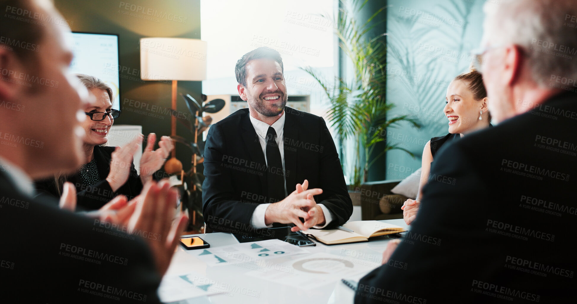Buy stock photo Team, business people and applause for success in office, financial target and quarterly earnings. Clapping, happy group and investors with investment goal, revenue growth or praise for performance