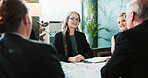 Business, people and management in office with meeting, finance audit or data analysis for director. Corporate, team and executive in workplace with financial stats, update or smile for collaboration