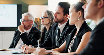 Buy stock photo Meeting, team or people in office with briefing, problem solving or funding idea in strategy workshop. Review, business or finance advisor with tech, group insight or collaboration on investment plan