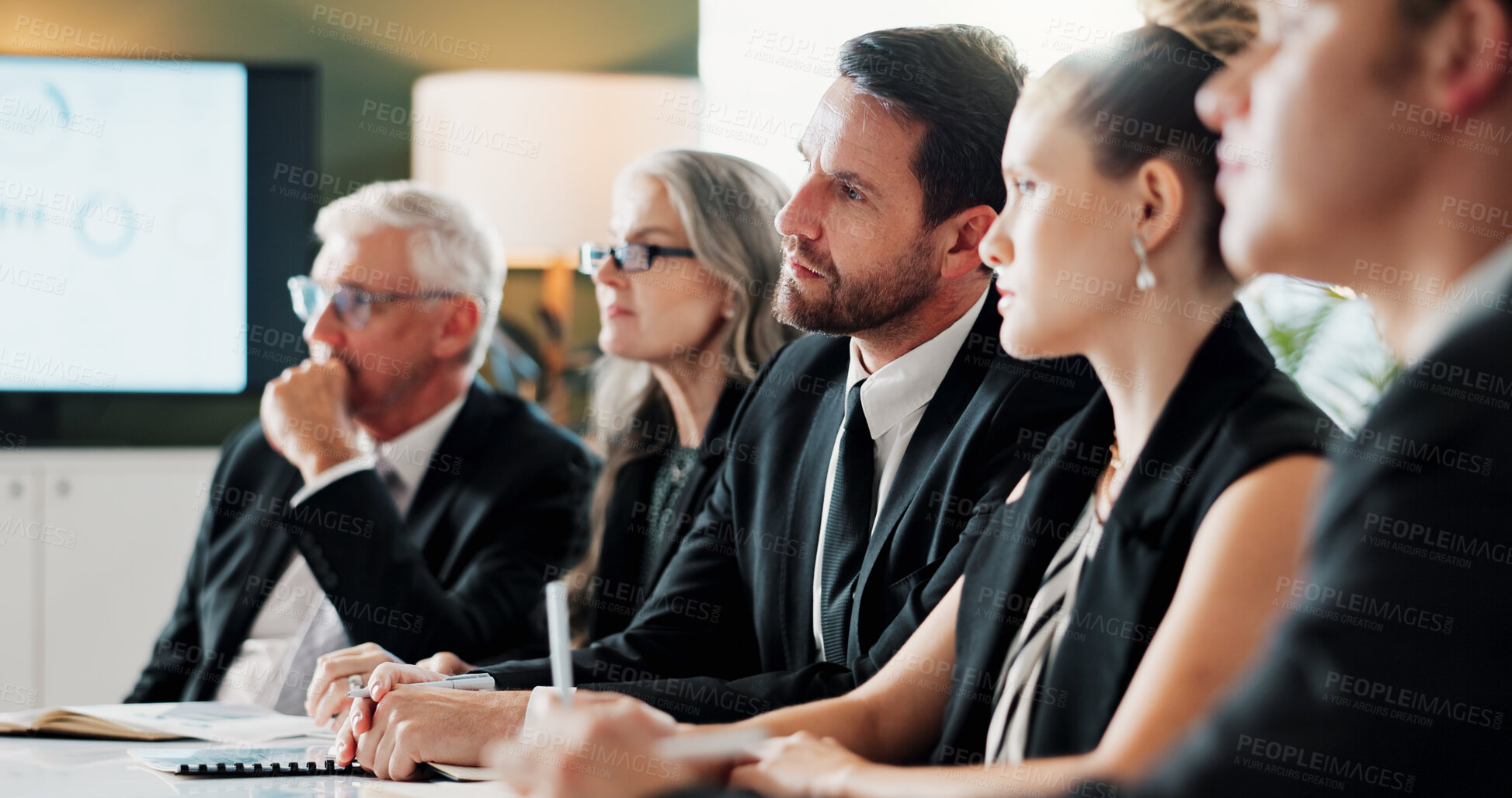 Buy stock photo Meeting, team or people in office with briefing, problem solving or funding idea in strategy workshop. Review, business or finance advisor with tech, group insight or collaboration on investment plan
