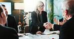 Business people, meeting and handshake with applause for partnership, deal or agreement in office. Businessman, woman or employees shaking hands with smile or team for onboarding or b2b in boardroom