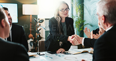 Buy stock photo Business people, meeting and handshake with applause for partnership, deal or agreement in office. Businessman, woman or employees shaking hands with smile or team for onboarding or b2b in boardroom