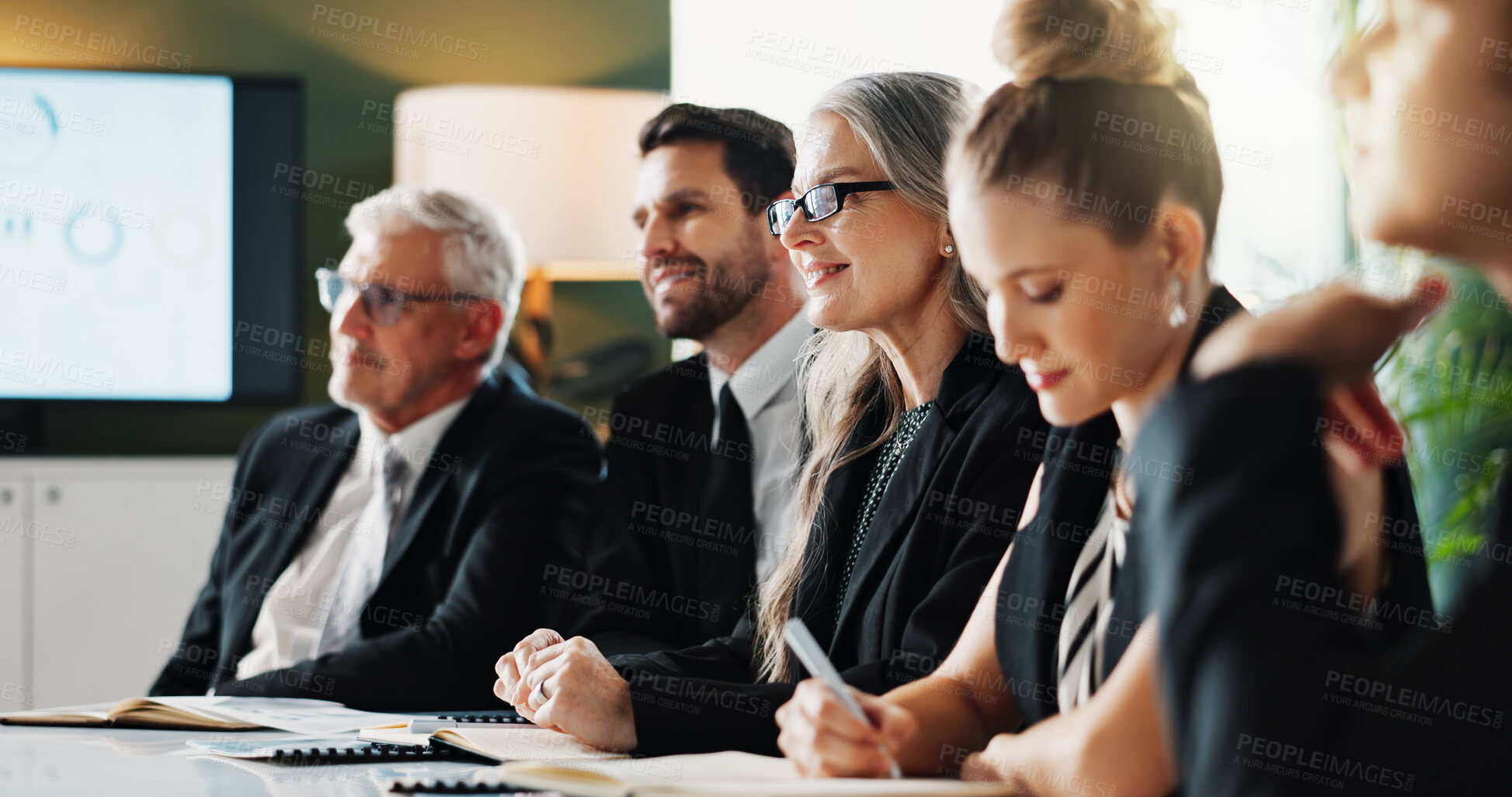 Buy stock photo Meeting, team or people in firm with briefing, problem solving or funding ideas in strategy workshop. Review, business or finance advisor with tech, group insight or collaboration on investment plan.
