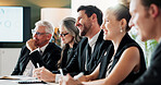 Corporate, meeting and business people in office with smile, finance audit and update for management. Executive, team and happy in workplace with financial accounting, collaboration and group review.