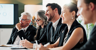 Buy stock photo Corporate, meeting and business people in office with smile, finance audit and update for management. Executive, team and happy in workplace with financial accounting, collaboration and group review.