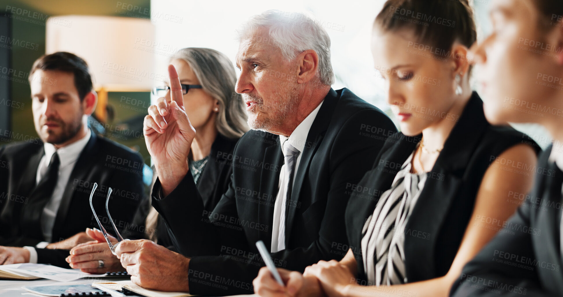 Buy stock photo Meeting, discussion and business people in office with question, finance audit or management opinion. Corporate, executive and team in workplace with financial accounting, query and conversation.