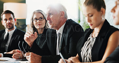 Buy stock photo Business, people and director in office with discussion, finance audit and AGM meeting for feedback. Corporate, team and executive in workplace for financial accounting, opinion and collaboration.