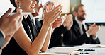 Happy, business people or meeting with applause for presentation or congratulations in office. Group, employees or clapping with team for conference, well done or thank you in staff training workshop