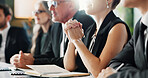 Meeting, notebook or people in firm with briefing, problem solving or funding idea in strategy workshop. Review, flare or finance advisor with notes, group insight or collaboration on investment plan