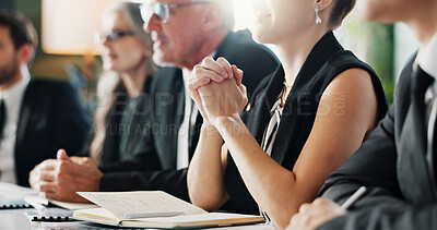 Buy stock photo Meeting, notebook or people in firm with briefing, problem solving or funding idea in strategy workshop. Review, flare or finance advisor with notes, group insight or collaboration on investment plan