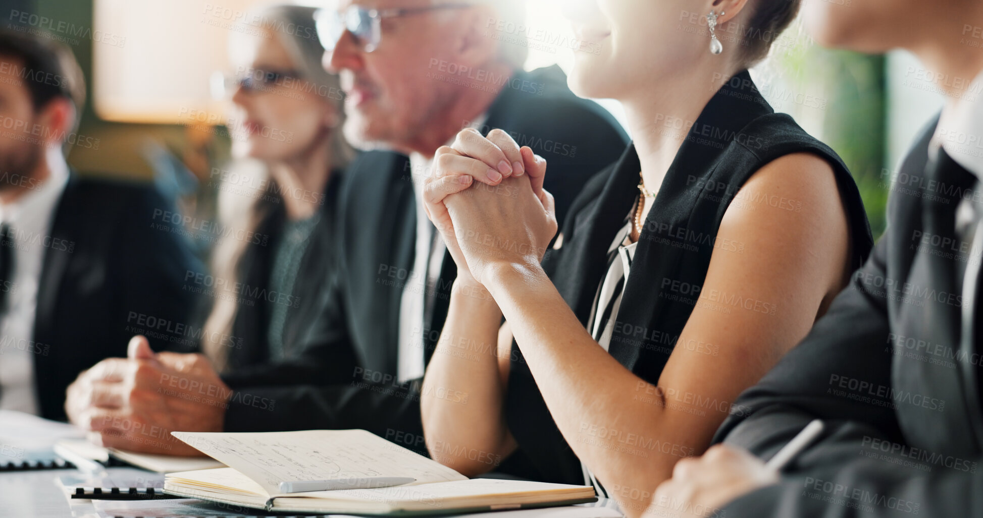 Buy stock photo Meeting, notebook or people in firm with briefing, problem solving or funding idea in strategy workshop. Review, flare or finance advisor with notes, group insight or collaboration on investment plan