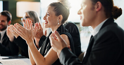 Buy stock photo Happy, business people or meeting with team applause for presentation or congratulations in office. Group, employees or colleagues clapping for conference, staff training or thank you in workshop