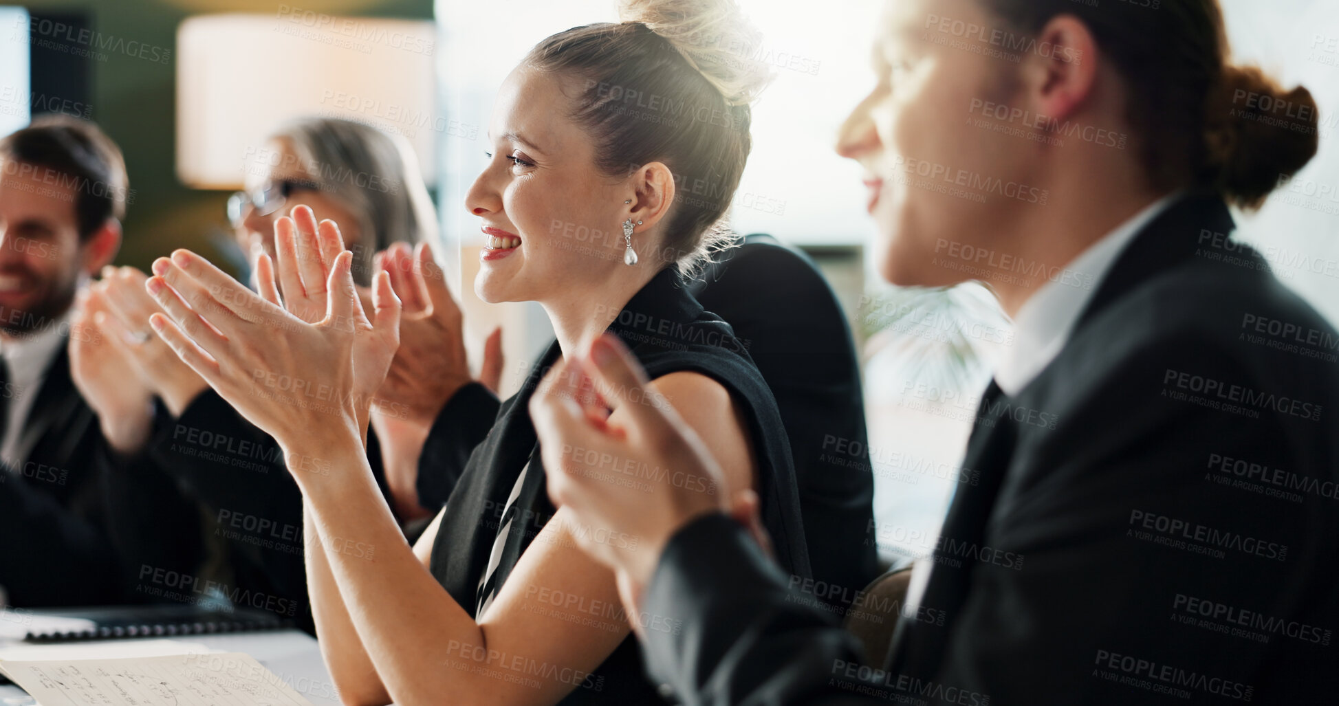 Buy stock photo Happy, business people or meeting with team applause for presentation or congratulations in office. Group, employees or colleagues clapping for conference, staff training or thank you in workshop