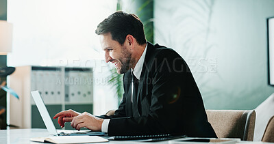 Buy stock photo Review, happiness or man in office with laptop, good news or email response for project. Business, smile or employee with technology, director approval or positive communication on report feedback.