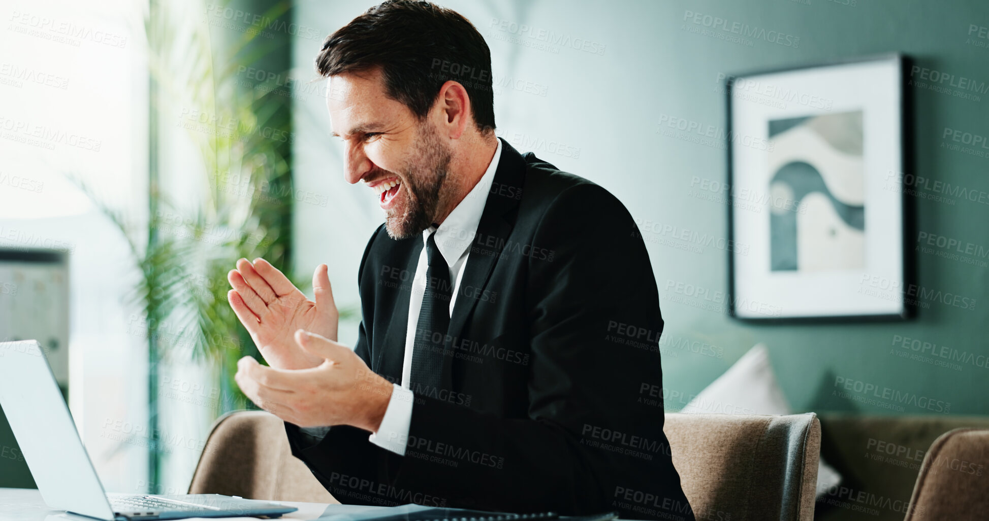 Buy stock photo Review, clap or man in office with laptop, profit update or good news on investment return. Happiness, reading or finance consultant with tech, positive feedback or revenue growth on client account.