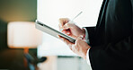 Review, research or hands in firm with tablet, forecast plan or budget checklist for funding pitch. Business, stylus or financial advisor with tech, online report or proposal insight for investment.