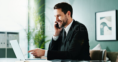 Buy stock photo Businessman, phone call and smile with laptop in office, consultation and investment guidance on web. Happy, financial advisor and person with mobile for communication, online and risk management