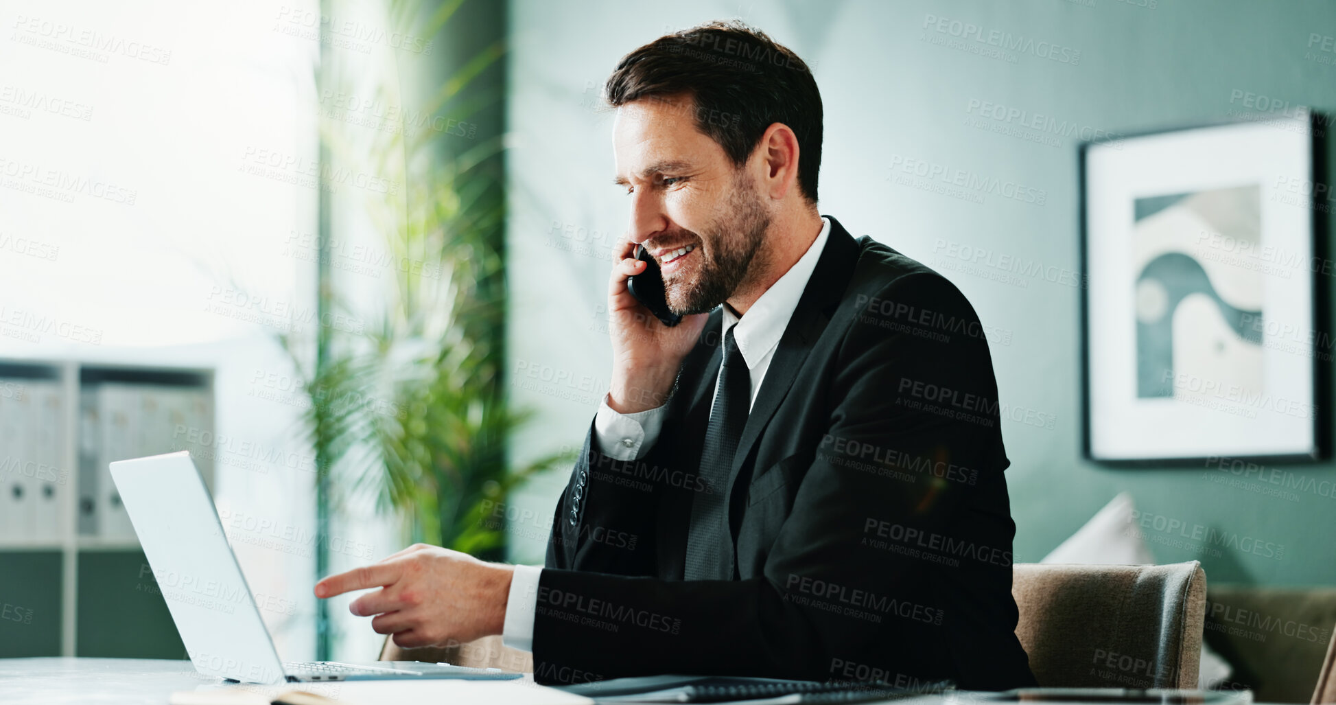 Buy stock photo Businessman, phone call and smile with laptop in office, consultation and investment guidance on web. Happy, financial advisor and person with mobile for communication, online and risk management