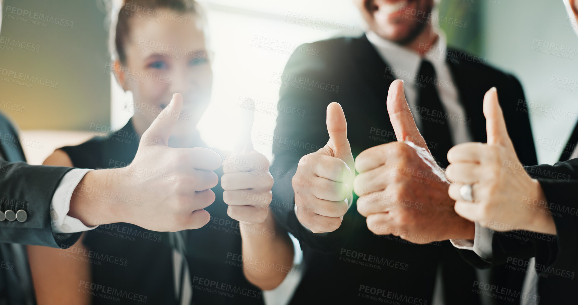 Buy stock photo Hands, business and people with thumbs up in office for good news, agreement and real estate success. Staff, gesture and team achievement for property approval, realtor feedback and auction milestone