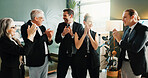 Happy, clap or team in office with good news, celebration or approval of investment pitch. Collaboration, people or finance advisor with success, revenue growth or achievement in funding opportunity.