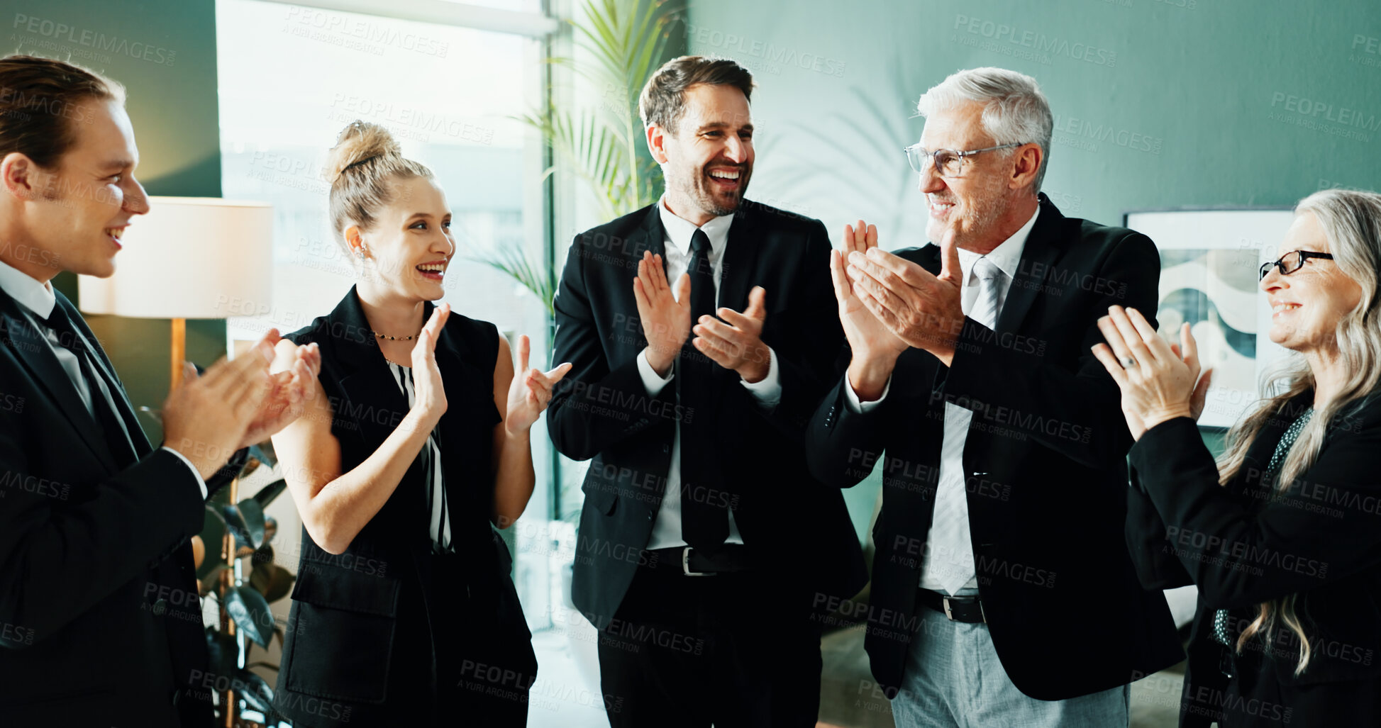 Buy stock photo Happy, clap or people in office with good news, celebration or approval of investment pitch. Collaboration, smile or finance advisor with success, revenue growth or achievement in funding opportunity