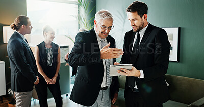 Buy stock photo Tablet, team and business men with idea in meeting, investment advice and project feedback. Tech, manager and review in office for financial report, budget collaboration and planning in discussion