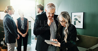 Buy stock photo Tablet, business people and team planning in meeting, investment advice or project feedback. Tech, mature manager and review in office for financial report, budget collaboration or problem solving