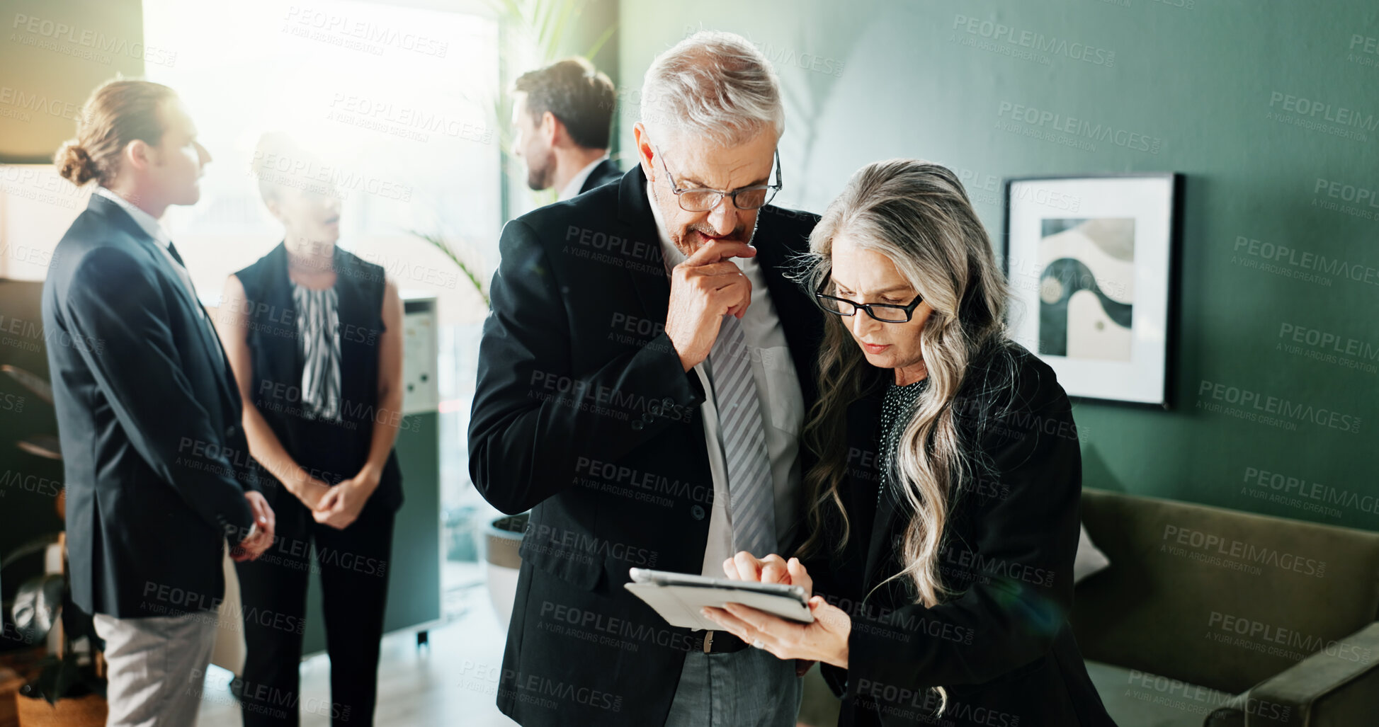 Buy stock photo Tablet, business people and team planning in meeting, investment advice or project feedback. Tech, mature manager and review in office for financial report, budget collaboration or problem solving
