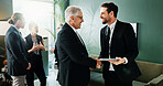 Meeting, smile and business people with handshake in office, investment contract and b2b partnership. Flare, deal negotiation or employees shaking hands for agreement, tablet or venture collaboration