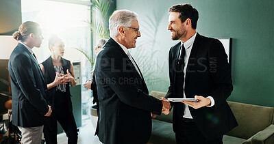 Buy stock photo Meeting, smile and business people with handshake in office, investment contract and b2b partnership. Flare, deal negotiation or employees shaking hands for agreement, tablet or venture collaboration