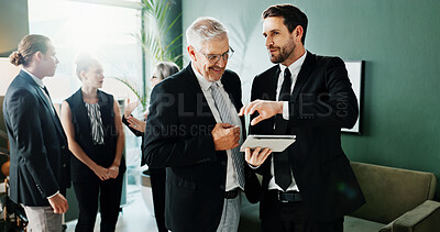 Buy stock photo Tablet, team and business men planning in meeting, investment advice and project feedback. Tech, manager and review in office for financial report, budget collaboration and help in discussion