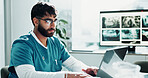 Research, doctor and man with laptop in office, surgery preparation and review for medical procedure. Reading, operation planning and surgeon with pc for technique revision, clinic and patient record