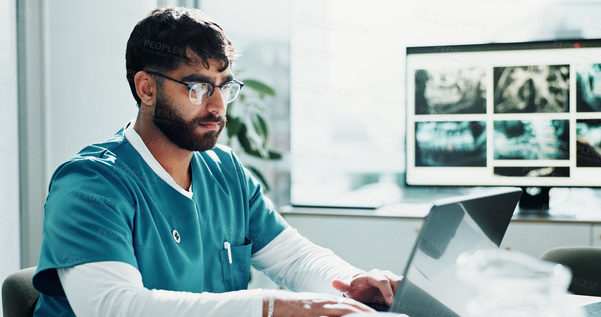 Buy stock photo Research, doctor and man with laptop in office, surgery preparation and review for medical procedure. Reading, operation planning and surgeon with pc for technique revision, clinic and patient record