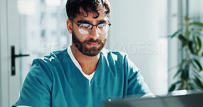Buy stock photo Research, nurse and man with laptop in clinic, surgery preparation and review steps for procedure. Reading, operation planning and surgeon with pc for healthcare revision, medical and patient record