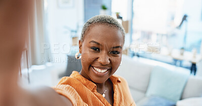 Buy stock photo Selfie, real estate and black woman in lounge, smile and excited for new house, moving in and goals. Rental apartment, profile picture and person portrait with content creation, influencer and moment