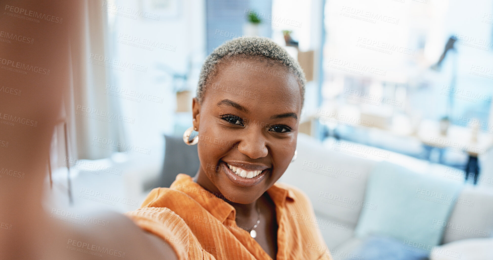 Buy stock photo Selfie, real estate and black woman in lounge, smile and excited for new house, moving in and goals. Rental apartment, profile picture and person portrait with content creation, influencer and moment