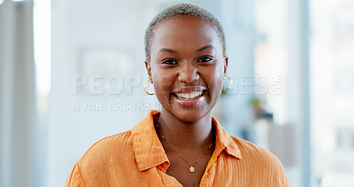 Buy stock photo Portrait, black woman and smile with jewellery in house, relax and gold plated necklace and earrings. Person, pride and non tarnish accessory for fashion in home, morning and happiness in Nigeria