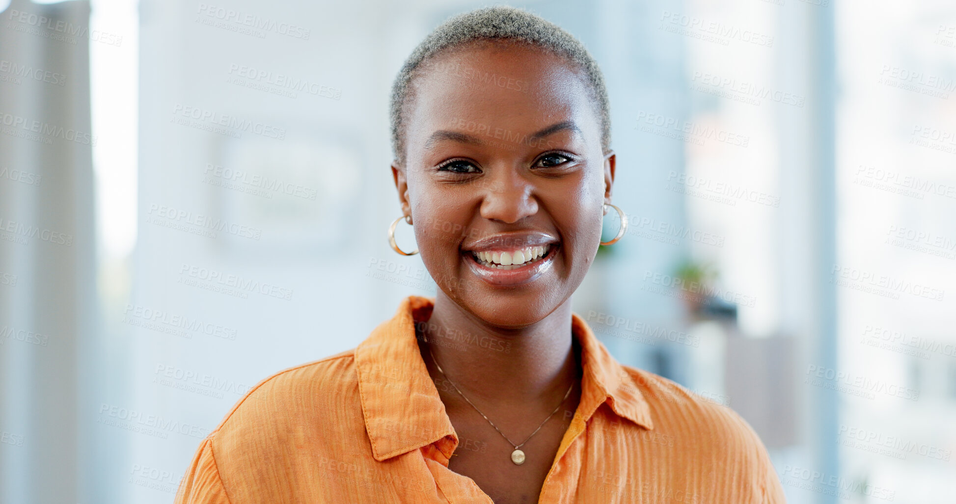 Buy stock photo Portrait, black woman and smile with jewellery in house, relax and gold plated necklace and earrings. Person, pride and non tarnish accessory for fashion in home, morning and happiness in Nigeria