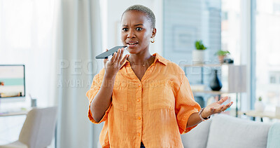 Buy stock photo Frustrated, black woman or speaker phone with complaint for bad news, rejection or error in home. Upset, female person or user talking on smartphone for audio message, voice note or poor review