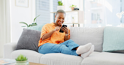 Buy stock photo Scroll, online and woman with phone on couch, texting and reading message on social media in lounge. Happy, black person and chat with mobile app on sofa, home and relax with tech for communication