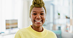 Portrait, relax and black woman in home, smile and peace to start day, calm and positive attitude. Apartment, cozy and African person in living room, satisfaction or weekend break for rest or comfort