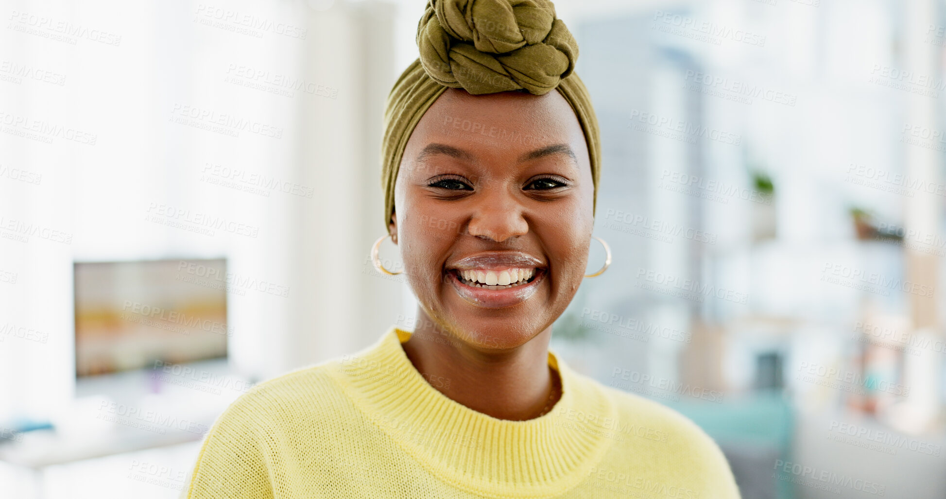 Buy stock photo Portrait, relax and black woman in home, smile and peace to start day, calm and positive attitude. Apartment, cozy and African person in living room, satisfaction or weekend break for rest or comfort