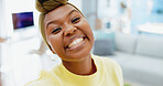 Happy, selfie and portrait of black woman in home for social media, memory or follower engagement. Smile, female person and African influencer with photography picture for online blog in apartment.